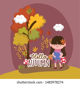 hello autumn season girl in forest flat design