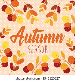 hello autumn season leafs and calligraphy vector illustration design
