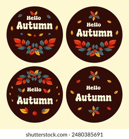Hello Autumn, autumn season, leaves, berries, vector lettering, sticker set