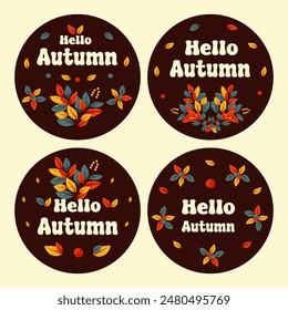 Hello Autumn, autumn season, leaves, berries, vector lettering, sticker set