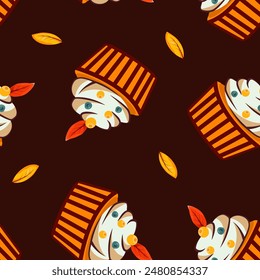 Hello autumn, autumn season, leaves, branches, berry cupcake, pattern, vector