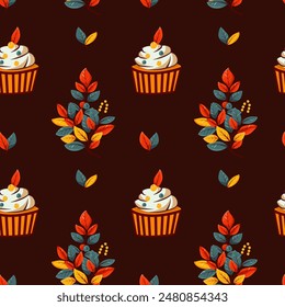 Hello autumn, autumn season, leaves, branches, berry cupcake, pattern, vector