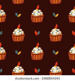 Hello autumn, autumn season, leaves, branches, berry cupcake, pattern, vector