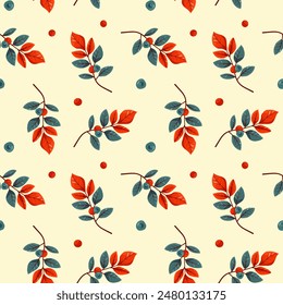 Hello autumn, autumn season, leaves, twigs, berries, pattern, vector