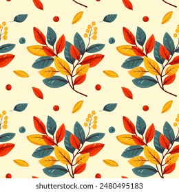 Hello autumn, autumn season, leaves, twigs, berries, pattern, vector