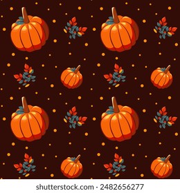 Hello autumn, autumn season, pumpkins, leaves, branches, berries, pattern, vector	