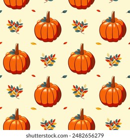 Hello autumn, autumn season, pumpkins, leaves, branches, berries, pattern, vector	