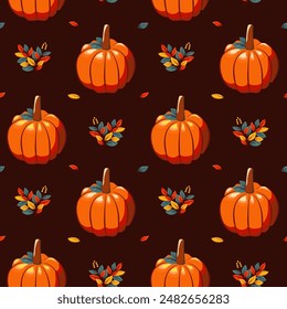 Hello autumn, autumn season, pumpkins, leaves, branches, berries, pattern, vector	