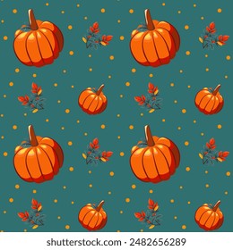 Hello autumn, autumn season, pumpkins, leaves, branches, berries, pattern, vector	