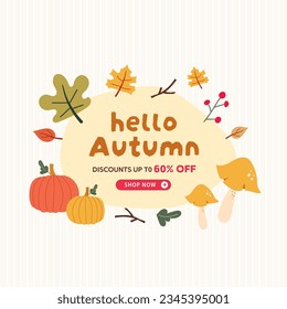 hello autumn season sale banner with autumn elements. illustration, vector, shopping, flash sale and big sale