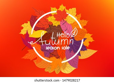 Hello autumn season sale concept. Circle frame with color leaves