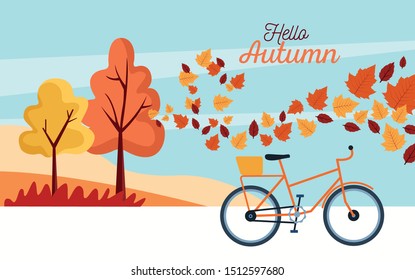 hello autumn season scene with tree and leafs vector illustration design