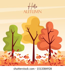 hello autumn season scene with trees forest vector illustration design