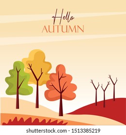 hello autumn season scene with trees forest vector illustration design