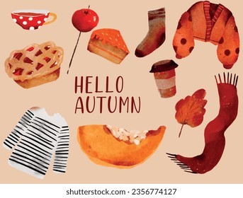 Hello Autumn season watercolor colorful mood board doodles, vector. Watercolor hand drawn collection isolated.  Fall cozy vibes elements. Perfect for seasonal advertisement, invitations, cards, decor