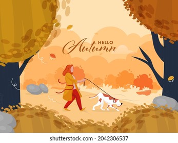 Hello Autumn Seasonal Background With Young Woman Walking Her Dog Illustration.
