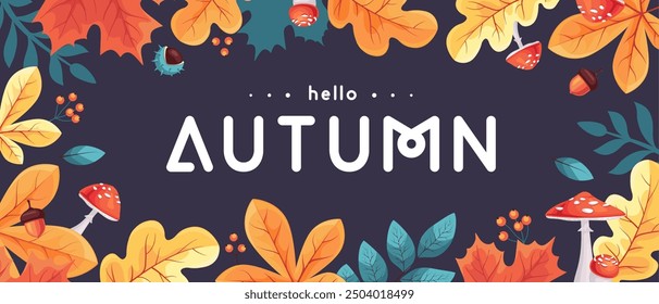 Hola Otoño Anuncio de temporada con hojas, setas, Elementos florales y atributos de otoño. Ilustración vectorial