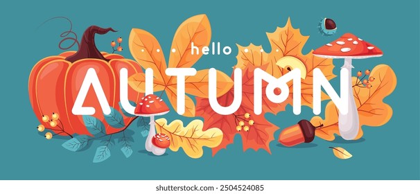 Hello Autumn seasonal  banner with leaves, mushrooms, floral elements and autumn attributes. Vector illustration