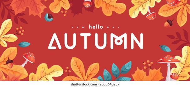 Hola Otoño Anuncio de temporada con hojas, setas, Elementos florales y atributos de otoño. Ilustración vectorial