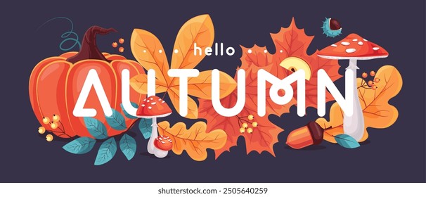 Hello Autumn seasonal  banner with leaves, mushrooms, floral elements and autumn attributes. Vector illustration