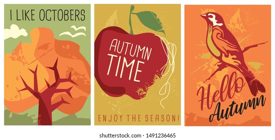 Hello autumn seasonal banners and posters collection. Artistic autumn vector illustrations set with trees, leaves, birds and apple. Happy autumn.