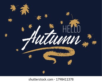 Hello autumn seasonal calligraphic banner vector design with falling dry leaves. Greeting card with Hello autumn lettering calligraphy, brush stroke curve element. Handwritten effect. Seasonal poster.