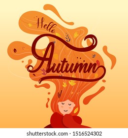 Hello Autumn seasonal card with beautiful girl with flying hair and colorful autumn leaves.