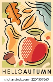 Hello autumn seasonal card design with different fruits and fallen leaves. Contemporary abstract composition of still life. Vector banner graphic illustration.