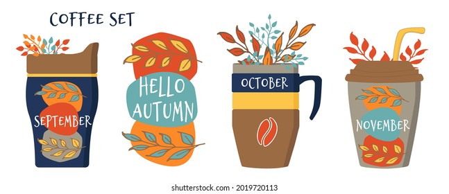 Hello Autumn seasonal concept . Set of coffee cups with leaves isolated on white background.  Vector banner design for coffee shop, cafe.