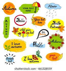 Hello autumn seasonal greeting badge template. Vector illustration of hand drawn leaves sketching on red and yellow square background with lettering for post cards, banners, flyers. Bright design