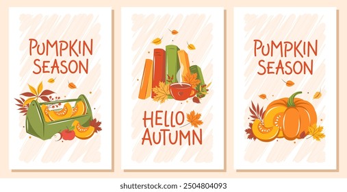 Hello, Autumn. Set of card with pumpkin, fruit, books and autumn leaves. Vector illustration