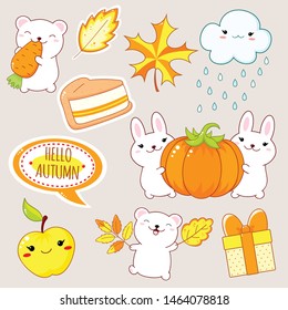 Hello autumn. Set of cute animals in kawaii style. Rabbits with pumpkin, polar bear with yellow leaf and carrot, cake, yellow leaf, apple, gift. EPS8