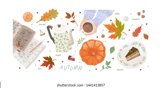 Hello, Autumn. Set of cute vector objects: woman's hands with a cup of tea or coffee, vintage teapot, tiramisu dessert plate, pumpkin and leaves. Illustrations for poster, background or card