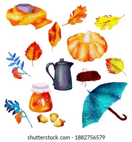 Hello, Autumn. Set of cute vector objects: a cup of tea or coffee in a scarf, a vintage teapot, umbrella, a jar of jam, acorns, pumpkin, leaves, rowan branches, cinnamon. For poster, postcard