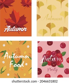 Hello Autumn! Set of cute vector illustrations of maple leaf, corn, popcorn, ginkgo, cranberry for background, card, cover or banner.