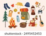 Hello Autumn. Set of elements for camping. Camping Kit Vector. Countryside and nature vacation, tourism. Hiking, holiday trip, picnic, survival in wild, local travel, trekking concept.