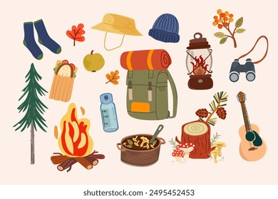 Hola Otoño. Conjunto de Elementos para acampar. Kit de camping - Vector. Paisaje y naturaleza de vacaciones, turismo. Senderismo, viaje de vacaciones, picnic, supervivencia en la naturaleza, viajes locales, concepto de trekking.