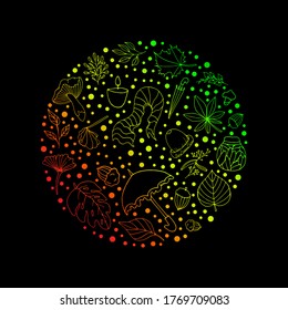 Hello Autumn. Set with elements of the autumn concept.  Autumn. Vector isolated illustration with acorn, plants, branches, umbrellas, hat, scarf on a black background. Doodle style. Vector file.