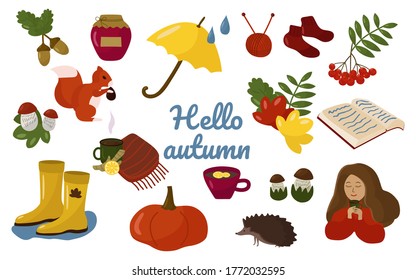 Hello autumn! A set of elements on an autumn theme - acorns, Rowan, squirrel, hedgehog, knitting, pumpkin, boots, leaves. Vector illustration on a white background. In the style of hand drawing.