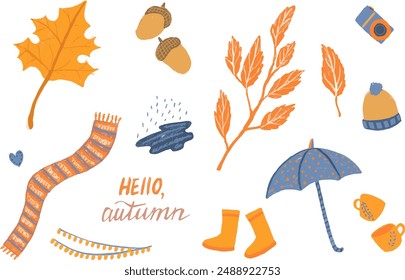 hello autumn, set of autumn elements on a white background