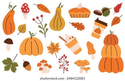 Hello, Autumn. Set of autumn elements. Vector illustration of pumpkin latte, berries, autumn leaves, chestnut, acorn, fly agaric, chanterelles, icon eps 10