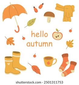 Hello autumn, set of autumn elements, vector cozy autumn attributes, leaves, umbrella, scarf, rubber boots, socks, cup of tea