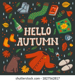 Hello autumn. Set of autumn essentials on dark background. Warm clothes, berries and leaves, etc. Collection of fall season elements. Flat style hand drawn vector illustration