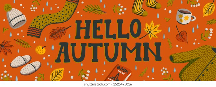 Hello autumn. set of autumn essentials warm clothes,  autumn berries and leaves, book, for warm atmosphere. Collection of fall season elements. Horizontal vector banner on orange