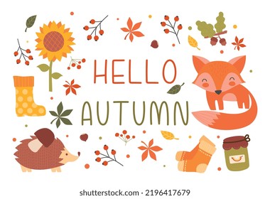 Hello autumn set. Fall season symbols collection. Hedgehog with mushroom, cute fox, sunflower and leaves. Socks, branches and jam. Cartoon flat vector illustrations isolated on white background