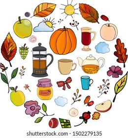 Hello Autumn set. Hand drawn doodle images, vector illustration. Collection of different autumn elements, fruits, pumpkin, leaves, teapot, isolated on white background.