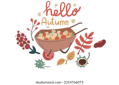 Hello autumn set hand drawn apples and leaves wheelbarrow card