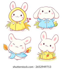 Hello autumn. Set of kawaii little bunny in raincoat. Baby rabbits in multiple poses. Vector Cute rabbit expression sheet collection. Can be used for t-shirt print, sticker, seasonal greeting card