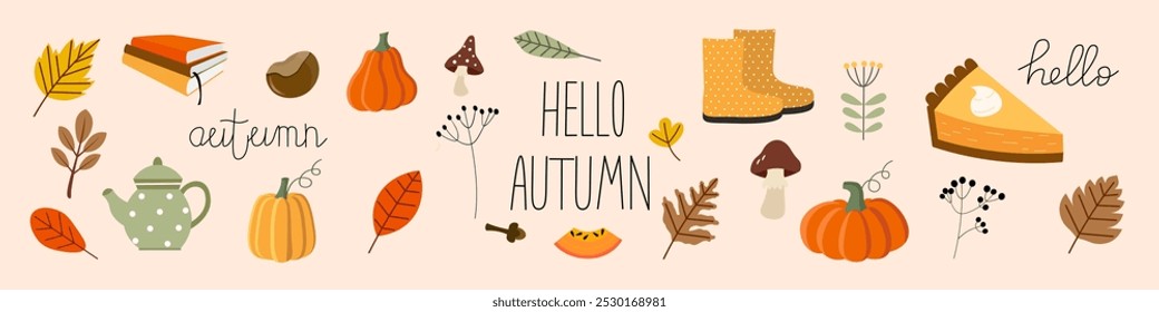 Hello autumn, set of autumn leaves. Elements of coziness, comfort and decor. Pumpkin harvest, cute collection of fallen leaves. Letter inscription. Vector