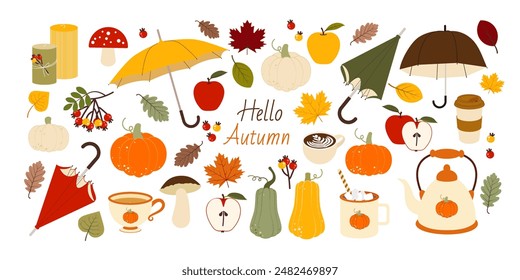 Hello autumn set. Leaves, umbrellas, pumpkins, coffee, tea and other fall elements in flat style